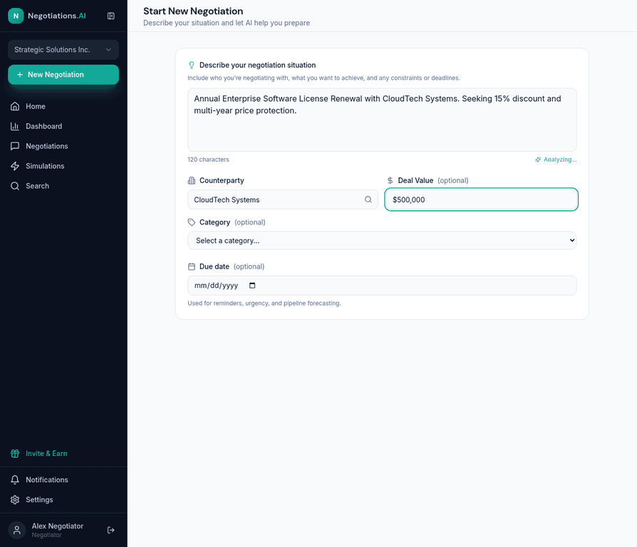 Negotiations.AI guided intake for a new sourcing or supplier negotiation