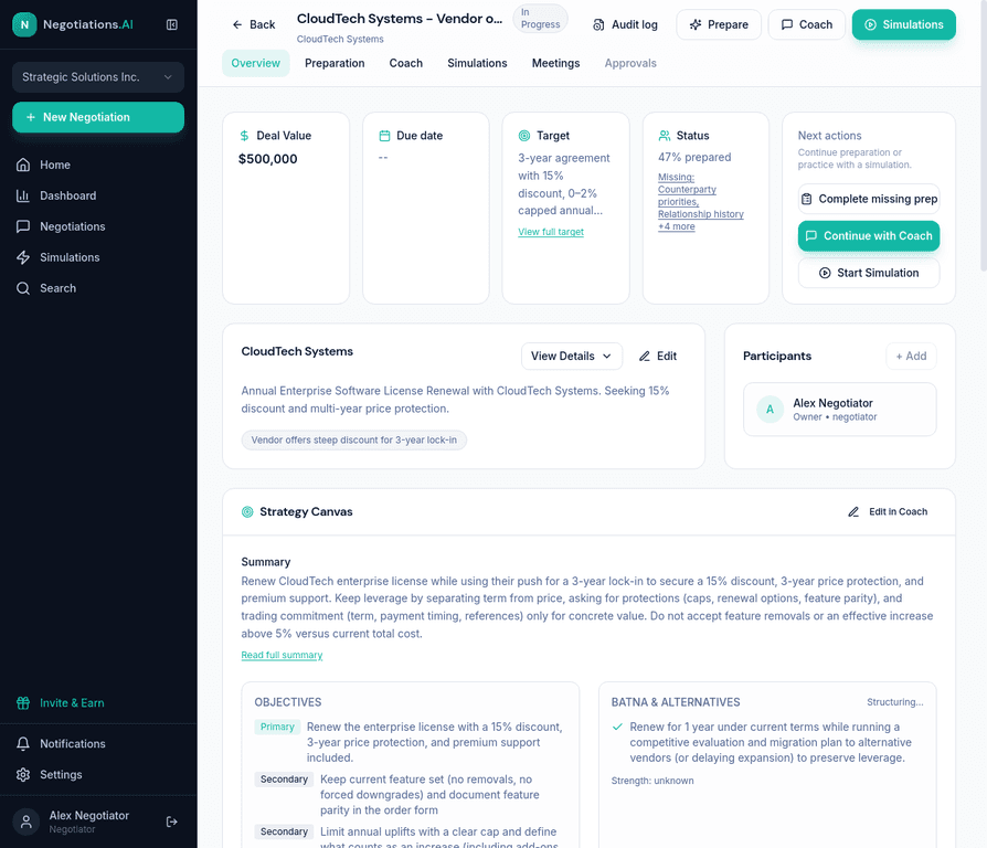 Negotiations.AI sourcing and negotiation strategy workspace with alternatives, targets, and participants