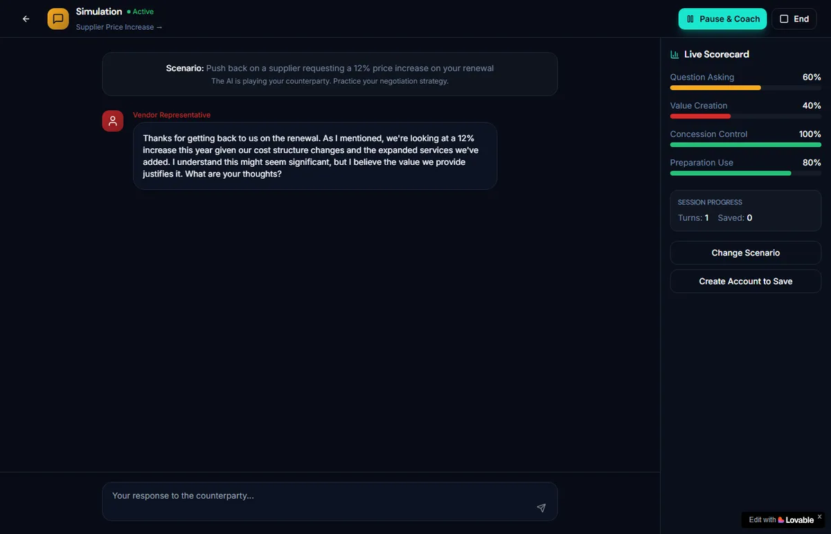 Dark negotiation simulation interface with supplier scenario and skill scorecard