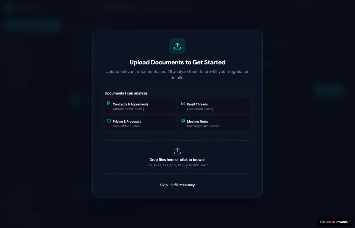 Negotiations.AI evidence intake for contracts, pricing, proposals, email threads, and meeting notes